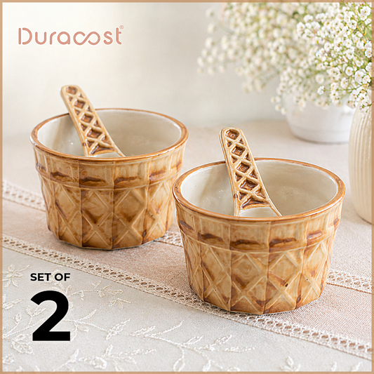 DuraCast® WaffleNest – Ceramic Bowl Set of 2 with Matching Spoons