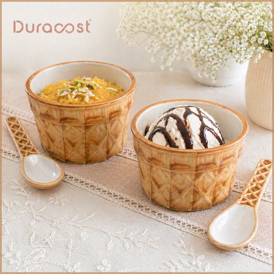 DuraCast® WaffleNest – Ceramic Bowl Set of 2 with Matching Spoons
