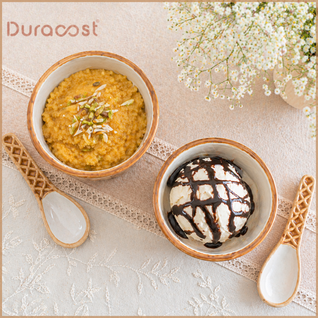 DuraCast® WaffleNest – Ceramic Bowl Set of 2 with Matching Spoons