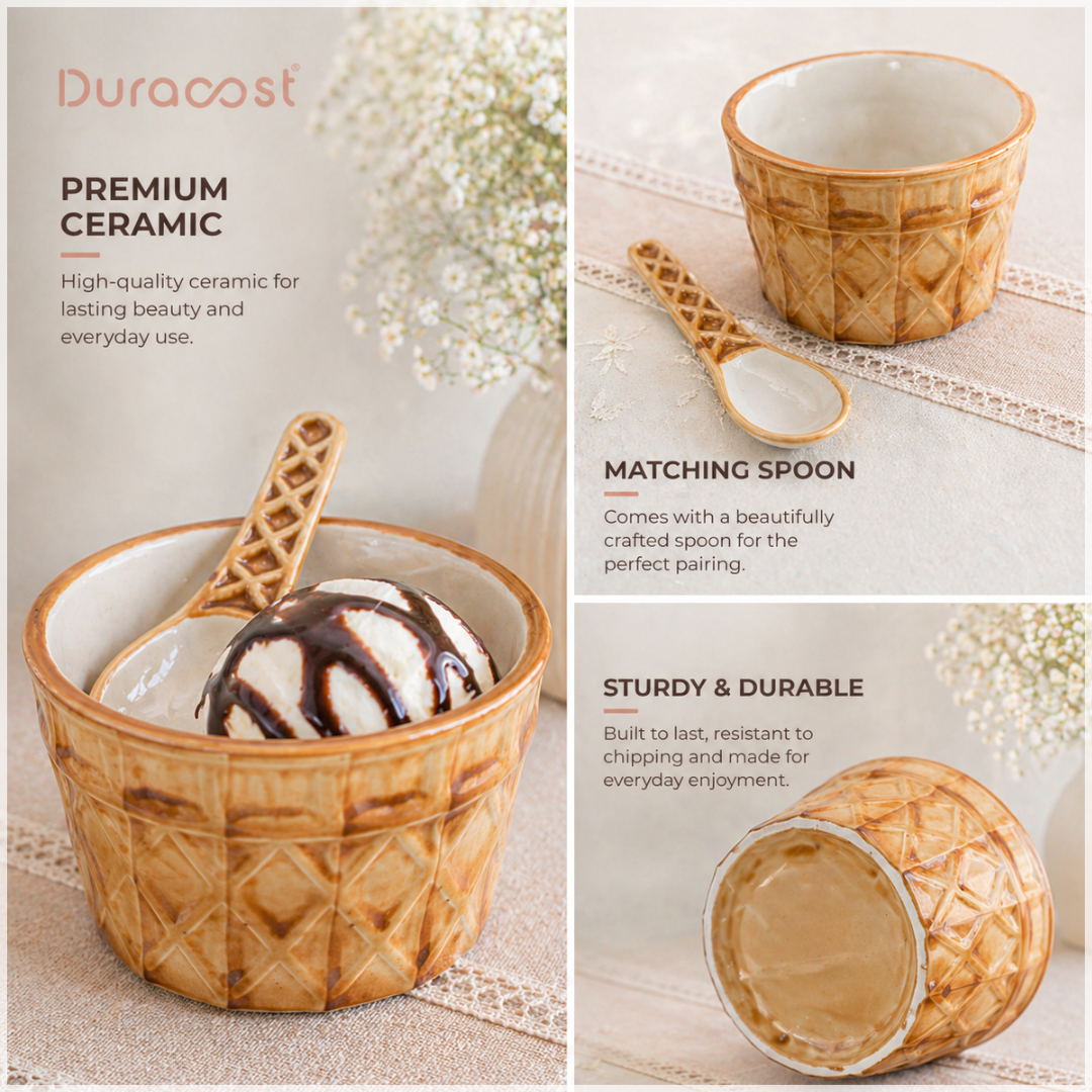 DuraCast® WaffleNest – Ceramic Bowl Set of 2 with Matching Spoons
