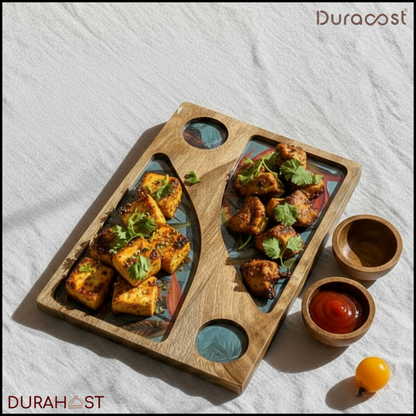 DuraHost™ Tropic Feast Wooden Platter Set | 14"x10" Tropical Serve Platter with 2 Matching Dip Bowls | Premium Handcrafted Snack & Starter Serving Set