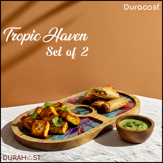 DuraHost™ Tropic Haven Wooden Platter Set | 14"x8" Serve Platter with Matching Dip Bowl | Premium Handcrafted Snack & Starter Serving Set