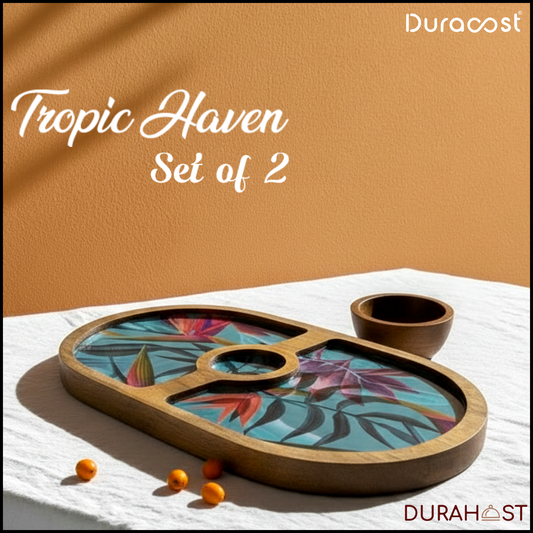 DuraHost™ Tropic Haven Wooden Platter Set | 14"x8" Serve Platter with Matching Dip Bowl | Premium Handcrafted Snack & Starter Serving Set