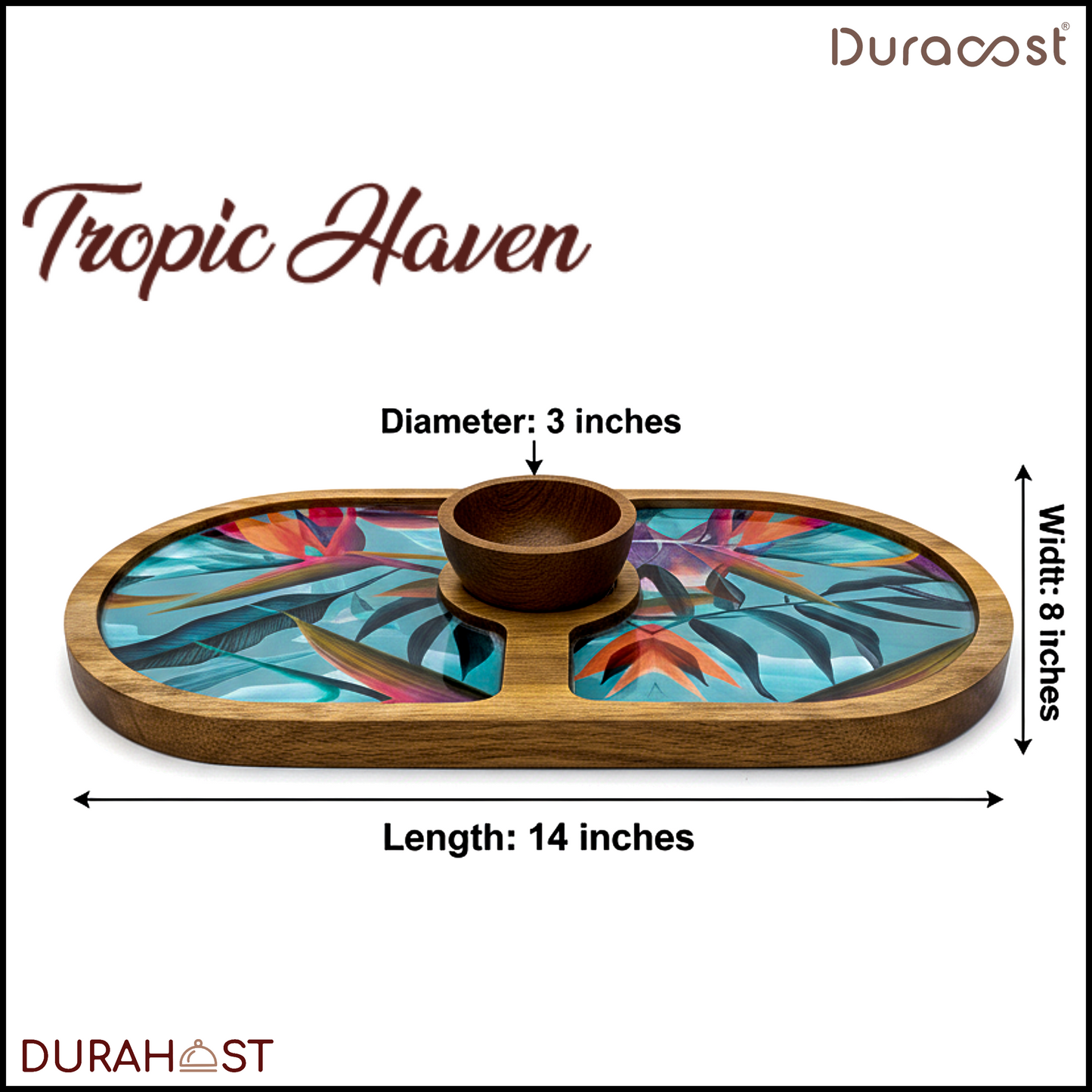 DuraHost™ Tropic Haven Wooden Platter Set | 14"x8" Serve Platter with Matching Dip Bowl | Premium Handcrafted Snack & Starter Serving Set