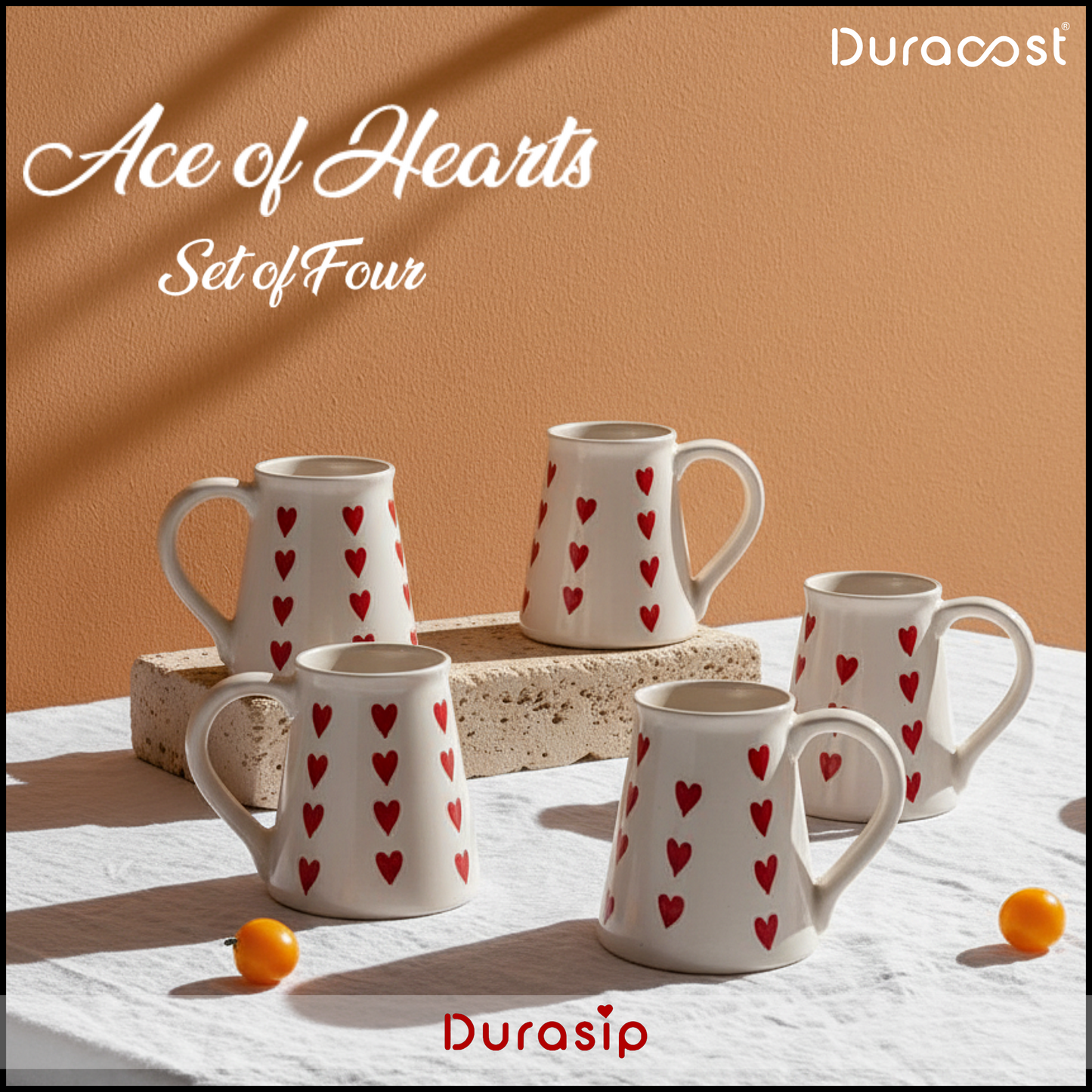 DuraSip™ Ace of Hearts Ceramic Mug Set of 4/6 – Handcrafted Heart Design Tea & Coffee Cups | Premium Gift Set for Couples, Friends & Family