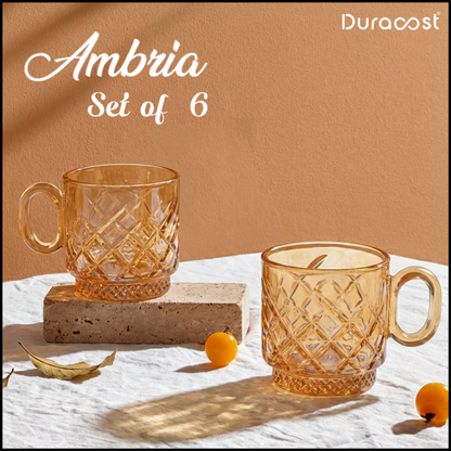 DuraSip™ Ambria Amber Glass Tea Cups – Set of 6 | 190 ml Diamond-Cut Tea & Coffee Cups with Handle