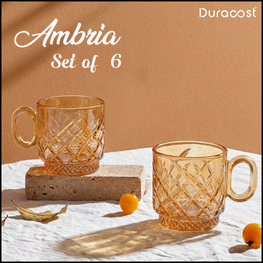 DuraSip™ Ambria Amber Glass Tea Cups – Set of 6 | 190 ml Diamond-Cut Tea & Coffee Cups with Handle