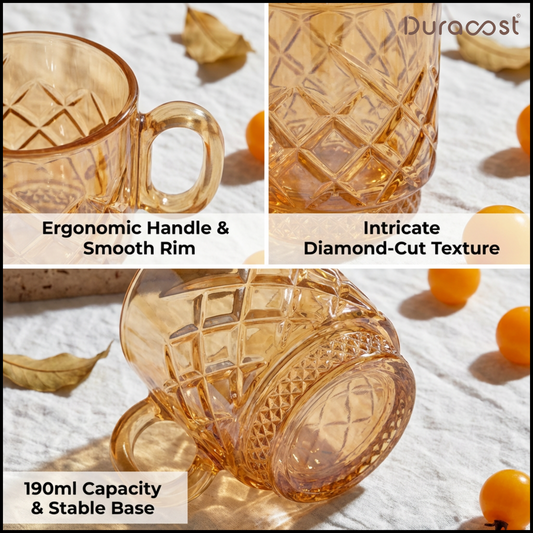 DuraSip™ Ambria Amber Glass Tea Cups – Set of 6 | 190 ml Diamond-Cut Tea & Coffee Cups with Handle