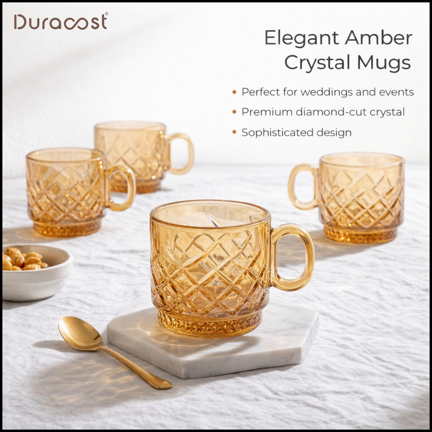 DuraSip™ Ambria Amber Glass Tea Cups – Set of 6 | 190 ml Diamond-Cut Tea & Coffee Cups with Handle