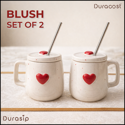DuraSip™ Blush Ceramic Mug Set of 2 with Lid & Stainless Steel Straw