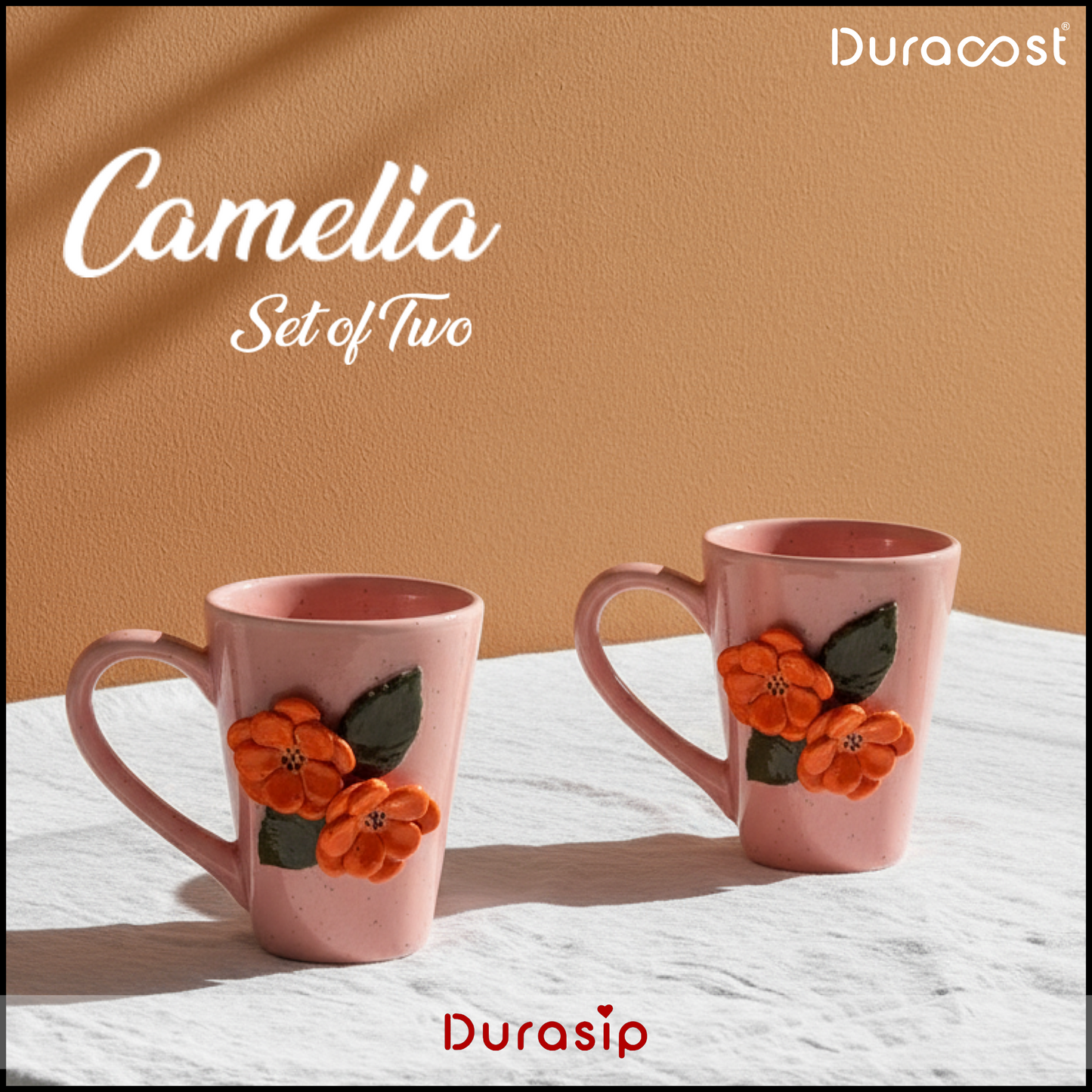 DuraSip™ Camelia Ceramic Mug Set of 2 – Premium Handcrafted Floral Coffee & Tea Cups | Elegant Designer Mugs for Hot Beverages & Gifting
