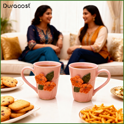 DuraSip™ Camelia Ceramic Mug Set of 2 – Premium Handcrafted Floral Coffee & Tea Cups | Elegant Designer Mugs for Hot Beverages & Gifting