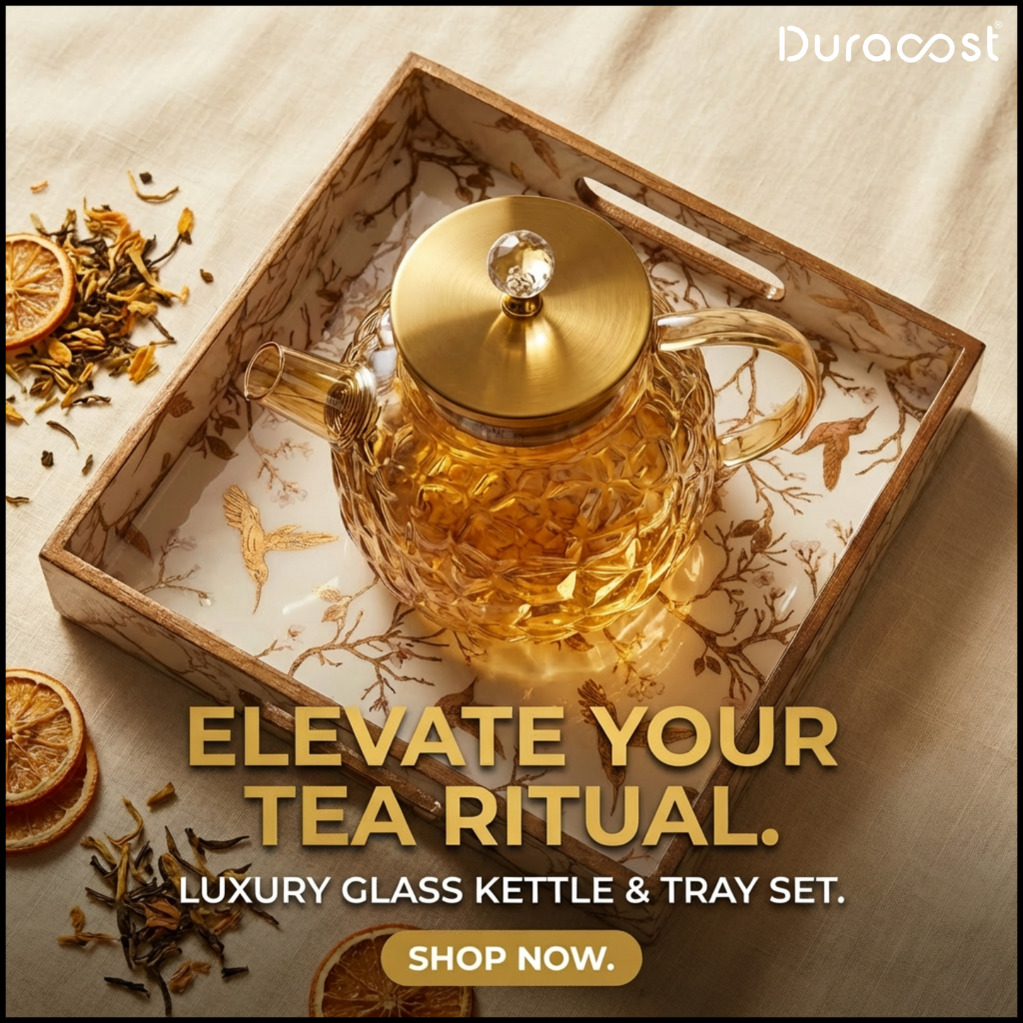 DuraSip™ Chá Crystal Luxe Tea Set – Borosilicate Glass Kettle with Amber Mugs & Optional Wooden Tray | Elegant Tea & Coffee Server Gift Set