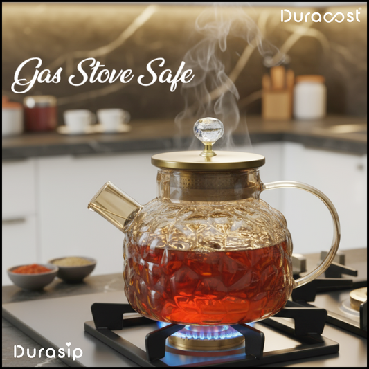 DuraSip™ Chá Crystal Luxe Tea Set – Borosilicate Glass Kettle with Amber Mugs & Optional Wooden Tray | Elegant Tea & Coffee Server Gift Set