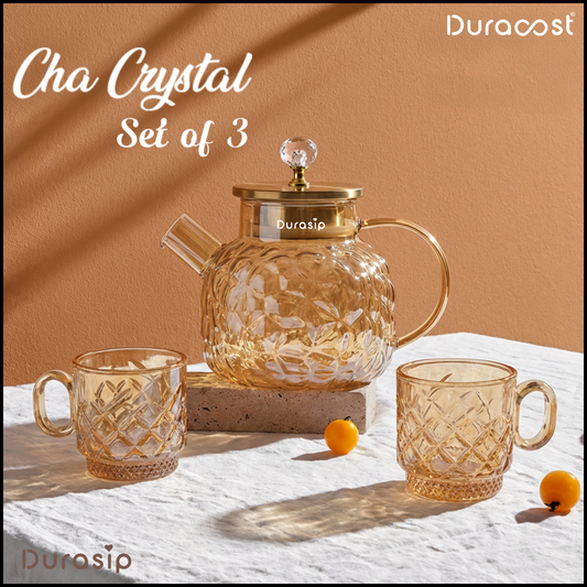DuraSip™ Chá Crystal Luxe Tea Set – Borosilicate Glass Kettle with Amber Mugs & Optional Wooden Tray | Elegant Tea & Coffee Server Gift Set