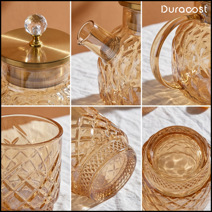 DuraSip™ Chá Crystal Luxe Tea Set – Borosilicate Glass Kettle with Amber Mugs & Optional Wooden Tray | Elegant Tea & Coffee Server Gift Set