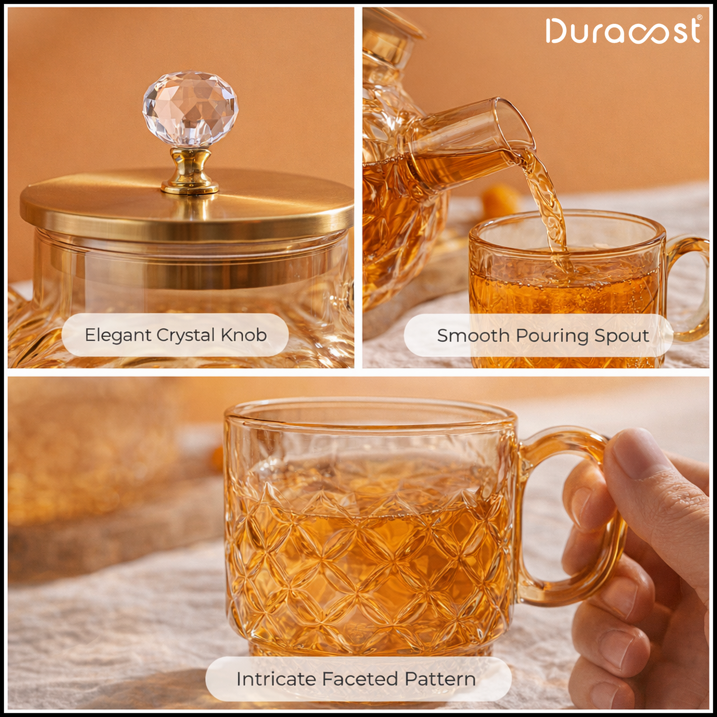 DuraSip™ Chá Crystal Luxe Tea Set – Borosilicate Glass Kettle with Amber Mugs & Optional Wooden Tray | Elegant Tea & Coffee Server Gift Set