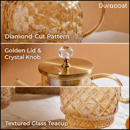 DuraSip™ Chá Crystal Luxe Tea Set – Borosilicate Glass Kettle with Amber Mugs & Optional Wooden Tray | Elegant Tea & Coffee Server Gift Set
