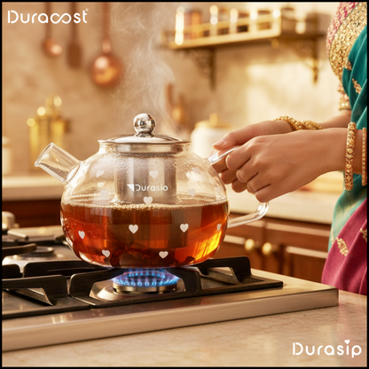 DuraSip™ Heart Brew Glass Kettle Set – Borosilicate Tea & Coffee Teapot | Gas Stove Safe | Gift Set with Cups & Tray