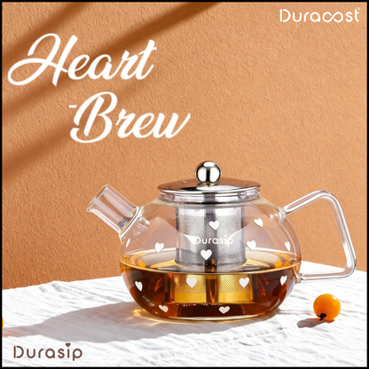 DuraSip™ Heart Brew Glass Kettle Set – Borosilicate Tea & Coffee Teapot | Gas Stove Safe | Gift Set with Cups & Tray