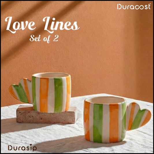 DuraSip™ Love Lines | Heart-Handle Striped Ceramic Mugs – Set of 2
