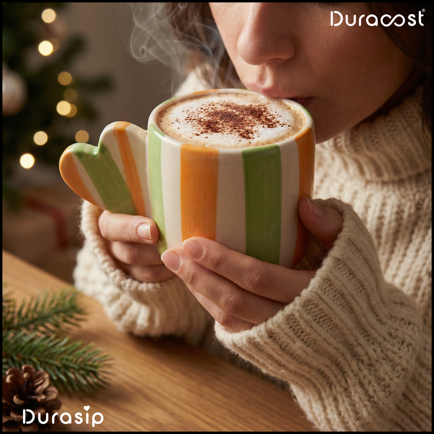 DuraSip™ Love Lines | Heart-Handle Striped Ceramic Mugs – Set of 2