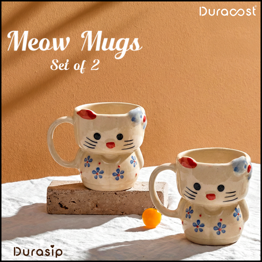 DuraSip™ Meow Mugs | Cute Cat-Shaped Ceramic Mugs – Set of 2