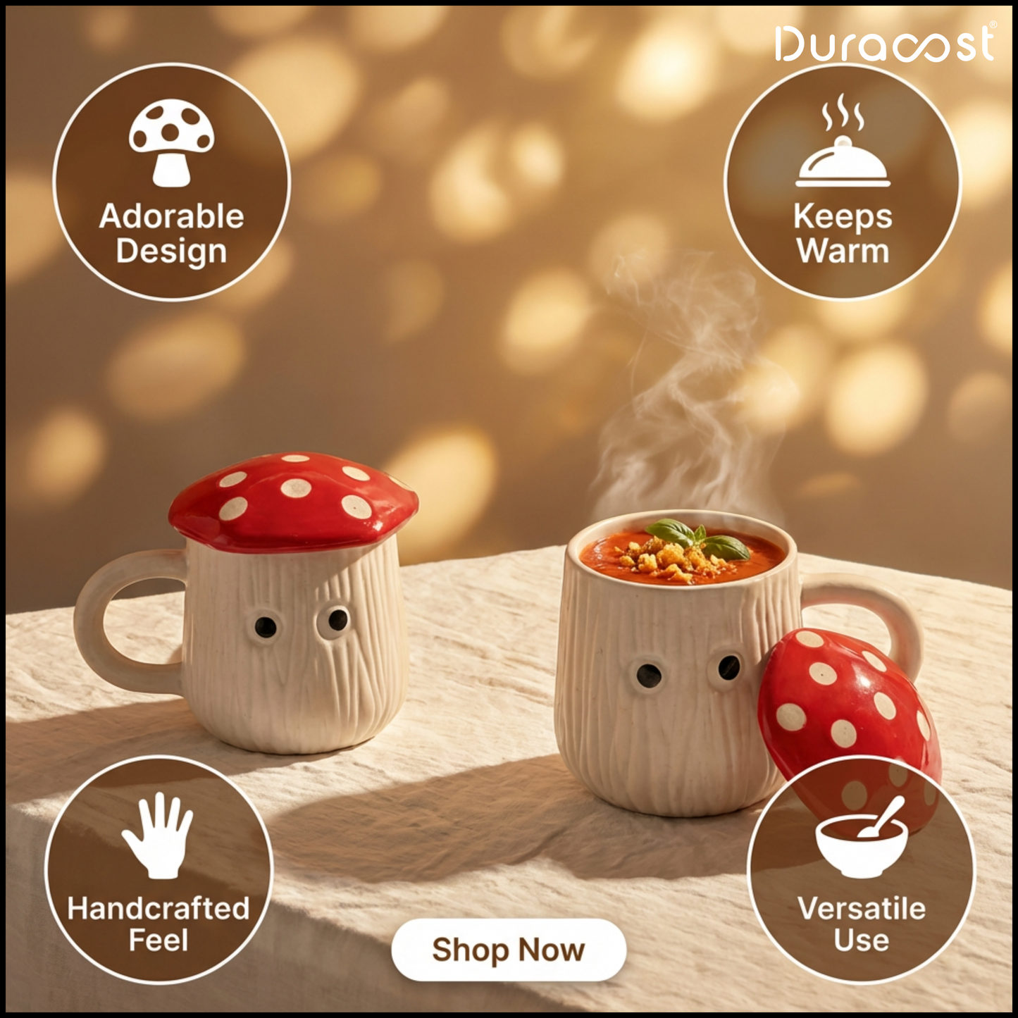 DuraSip™ Mush Mug | Mushroom-Shaped Ceramic Soup Mugs with Lids (Set of 2/4)