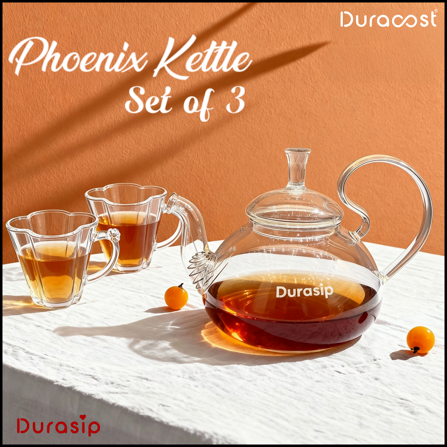 DuraSip™ Phoenix Kettle Set | Premium Borosilicate Glass Kettle with 2/4/6 Cups & Optional Wooden Tray | Elegant Tea & Coffee Server