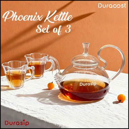 DuraSip™ Phoenix Kettle Set | Premium Borosilicate Glass Kettle with 2/4/6 Cups & Optional Wooden Tray | Elegant Tea & Coffee Server
