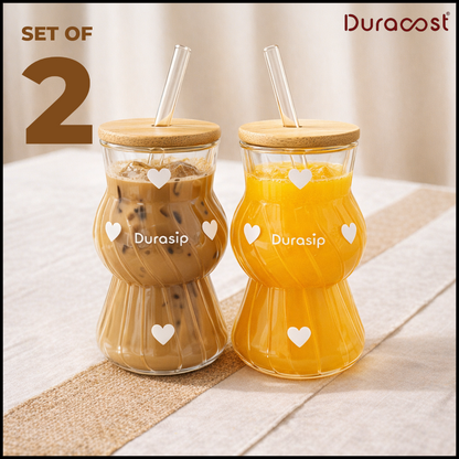 DuraSip™ Love Swirl – Glass Tumbler Set of 2 | Heart Design Sipper Cups with Lid & Straw