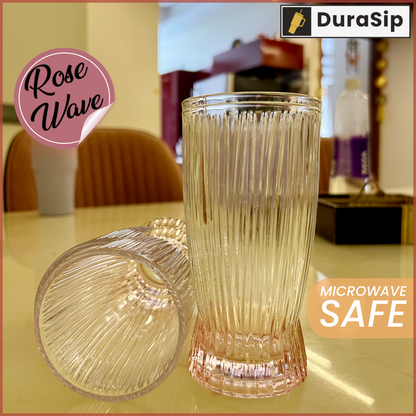 🌸 DuraSip Rose Wave – 360ml Textured Pink Ombre Glass with Vertical Stripes | Premium Drinkware for Elegant Dining