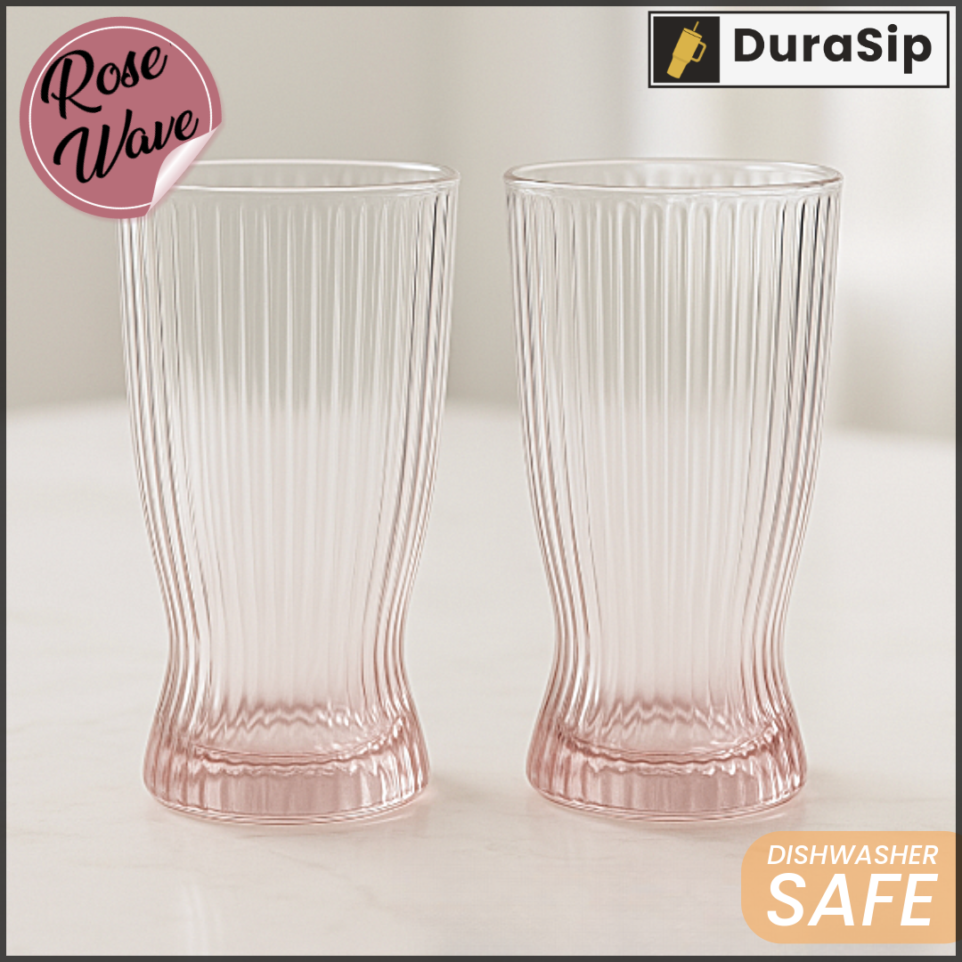 🌸 DuraSip Rose Wave – 360ml Textured Pink Ombre Glass with Vertical Stripes | Premium Drinkware for Elegant Dining