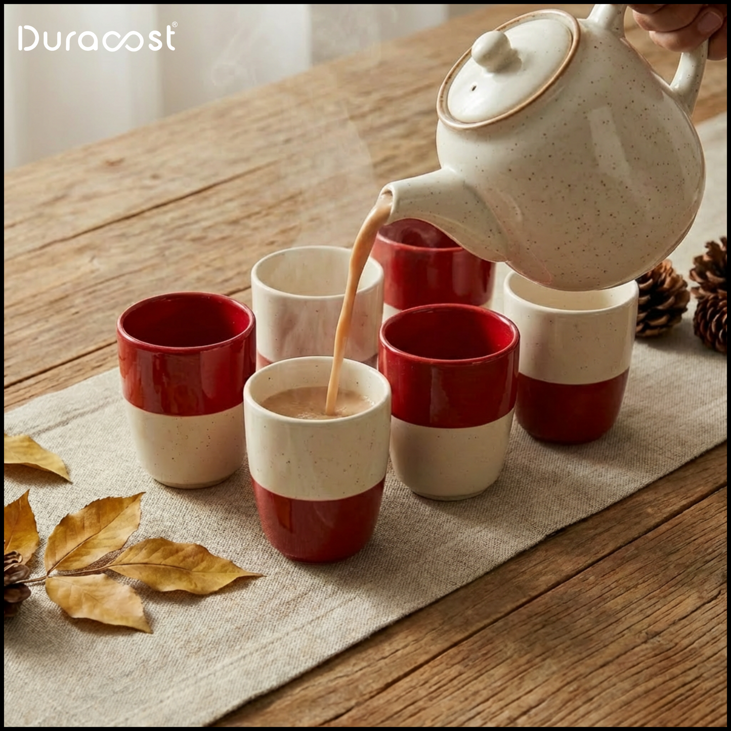 DuraSip™ Scarlet Ceramic Tea Cups Set of 6 | Dual-Tone Red/Black & Off-White | 190 ml
