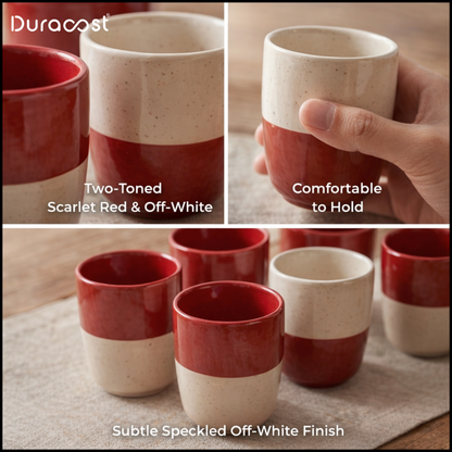 DuraSip™ Scarlet Ceramic Tea Cups Set of 6 | Dual-Tone Red/Black & Off-White | 190 ml