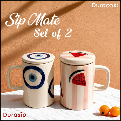 DuraSip™ Sip Mate – Set of 2 Ceramic Mugs with Lids | Choose from Evil Eye or Watermelon Design | Premium Tea & Coffee Cups