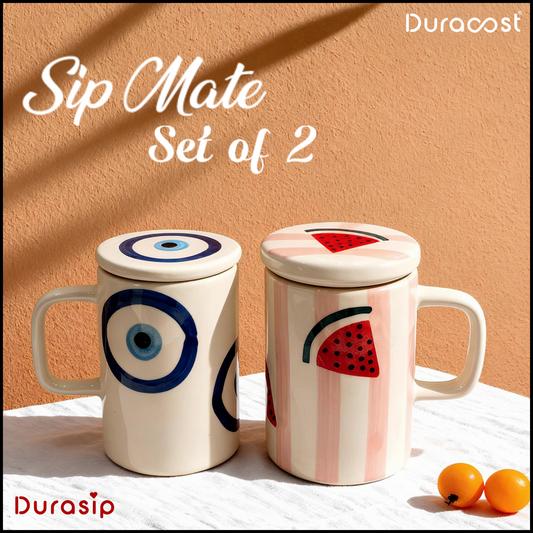 DuraSip™ Sip Mate – Set of 2 Ceramic Mugs with Lids | Choose from Evil Eye or Watermelon Design | Premium Tea & Coffee Cups