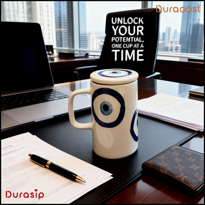 DuraSip™ Sip Mate – Set of 2 Ceramic Mugs with Lids | Choose from Evil Eye or Watermelon Design | Premium Tea & Coffee Cups