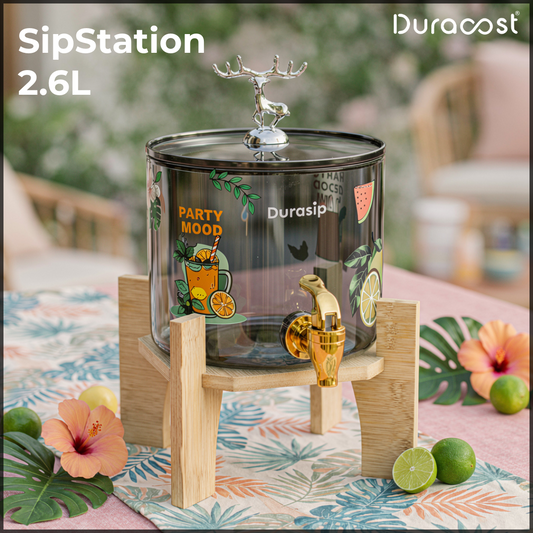 DuraSip™ SipStation 2.6L – Premium Glass Drink Dispenser with Wooden Stand & Leakproof Tap | Ideal for Parties, Golgappa, Cocktails & Mocktails