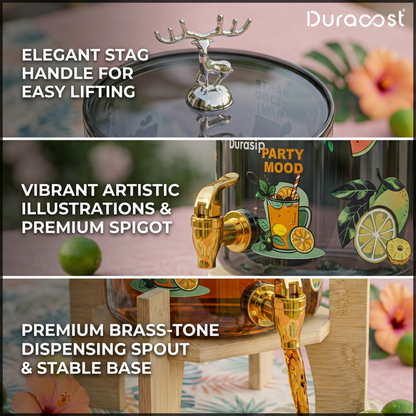 DuraSip™ SipStation 2.6L – Premium Glass Drink Dispenser with Wooden Stand & Leakproof Tap | Ideal for Parties, Golgappa, Cocktails & Mocktails