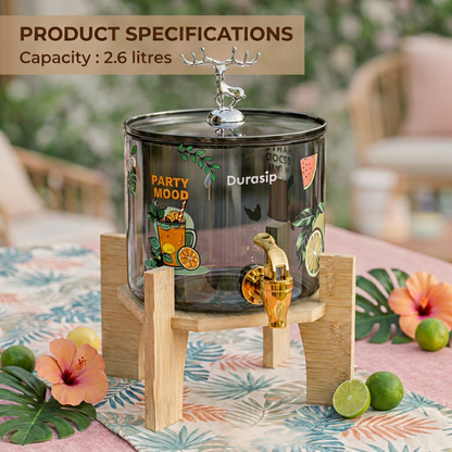 DuraSip™ SipStation 2.6L – Premium Glass Drink Dispenser with Wooden Stand & Leakproof Tap | Ideal for Parties, Golgappa, Cocktails & Mocktails