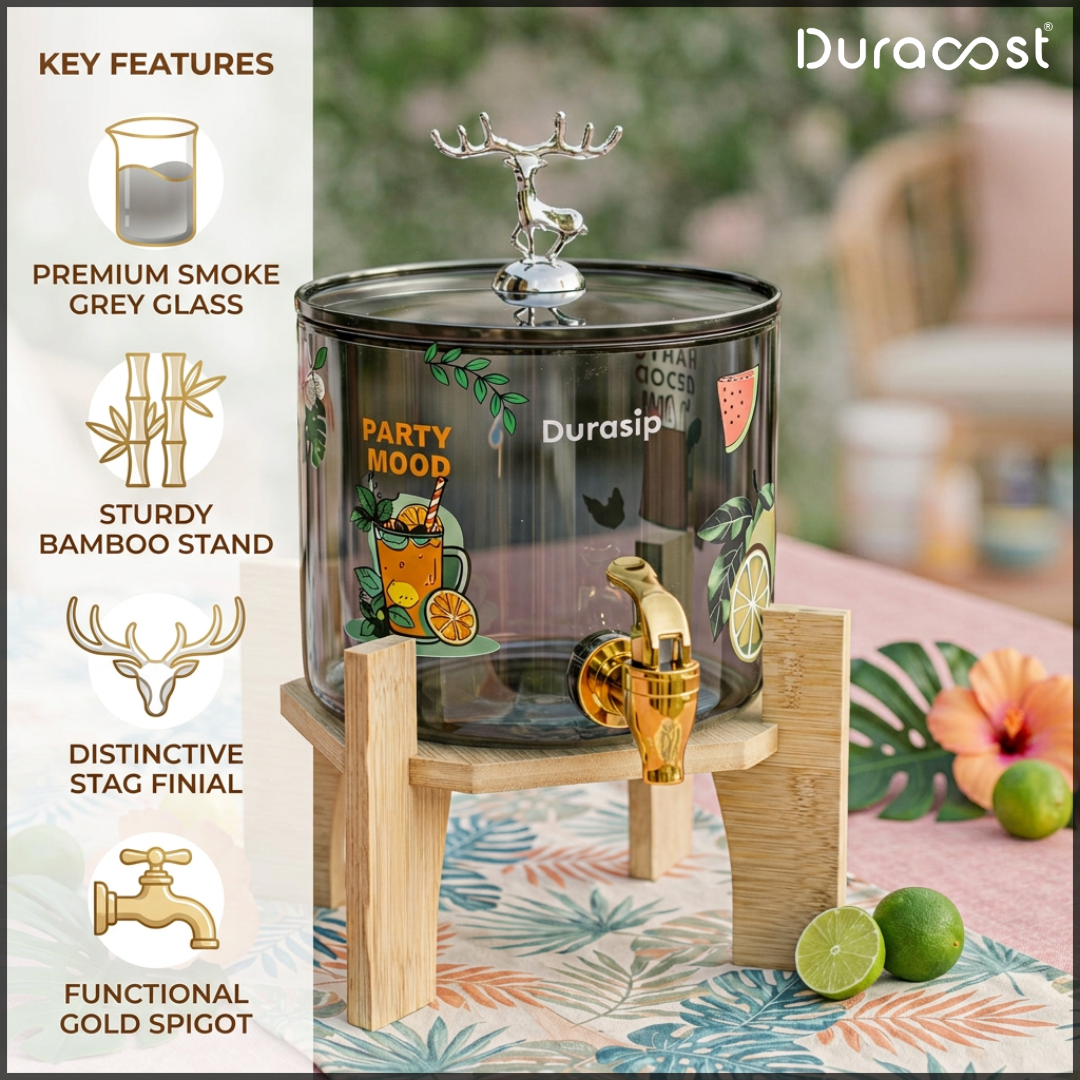 DuraSip™ SipStation 2.6L – Premium Glass Drink Dispenser with Wooden Stand & Leakproof Tap | Ideal for Parties, Golgappa, Cocktails & Mocktails