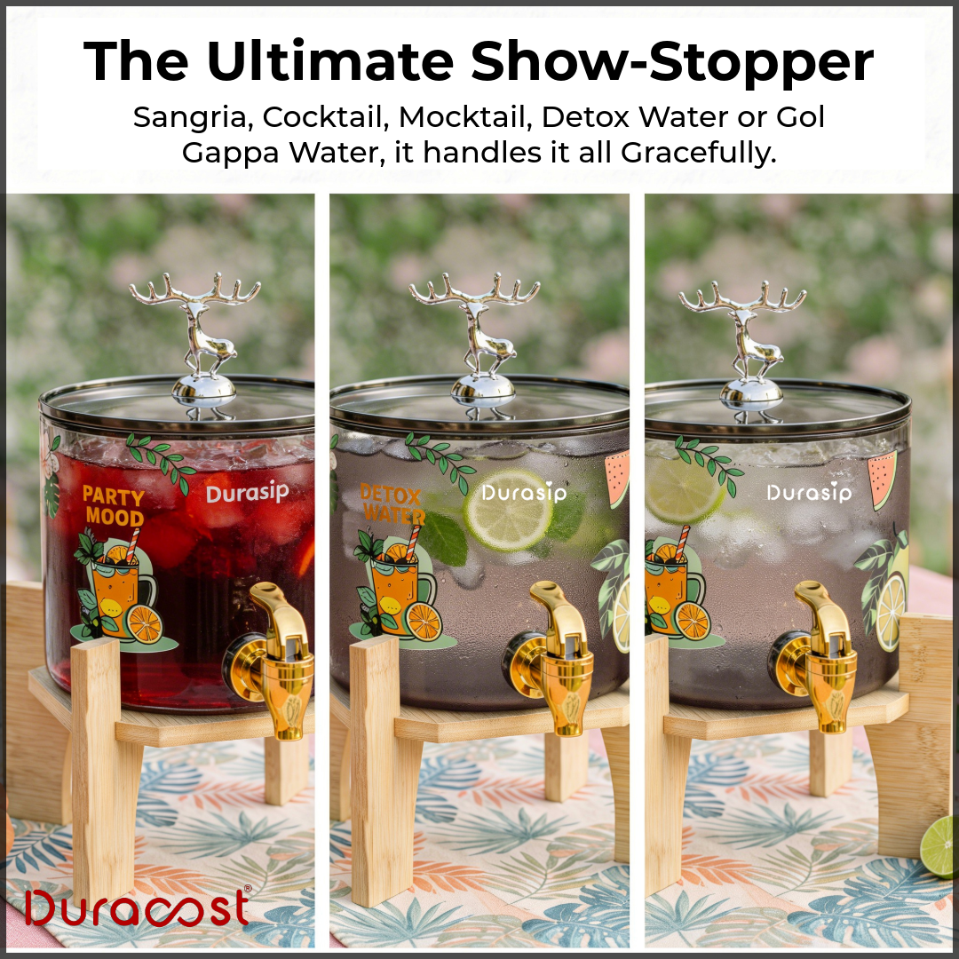 DuraSip™ SipStation 2.6L – Premium Glass Drink Dispenser with Wooden Stand & Leakproof Tap | Ideal for Parties, Golgappa, Cocktails & Mocktails