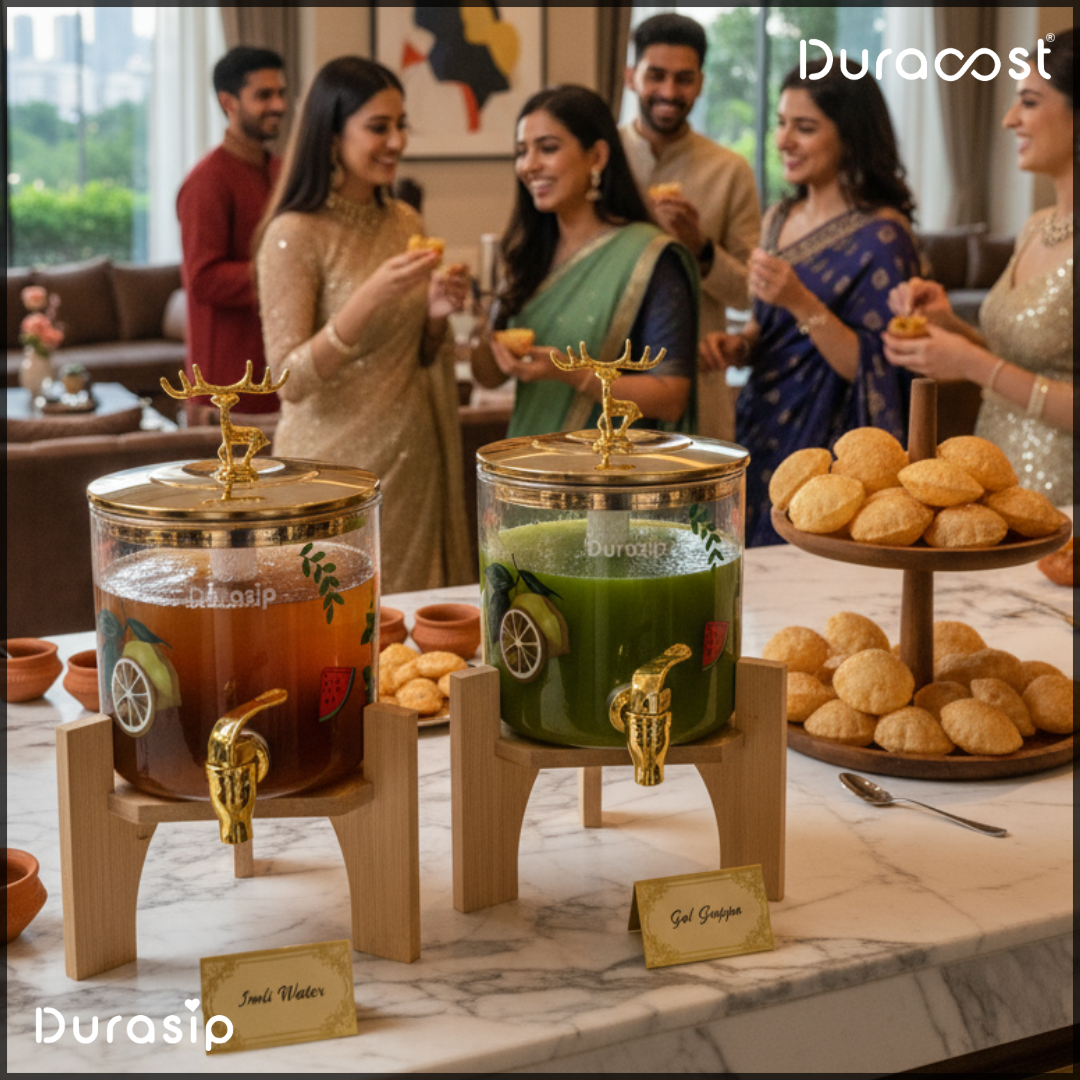 DuraSip™ SipStation 2.6L – Premium Amber Glass Drink Dispenser with Wooden Stand & Leakproof Tap | Ideal for Parties, Golgappa, Cocktails & Mocktails