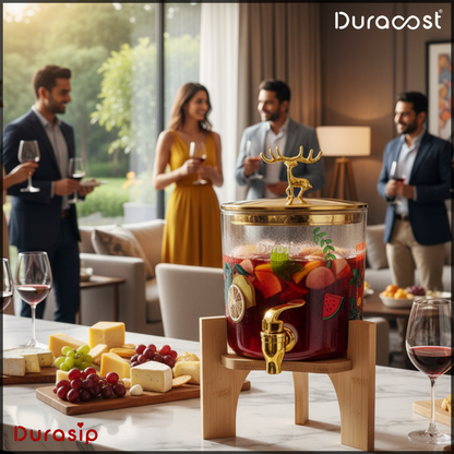 DuraSip™ SipStation 2.6L – Premium Amber Glass Drink Dispenser with Wooden Stand & Leakproof Tap | Ideal for Parties, Golgappa, Cocktails & Mocktails