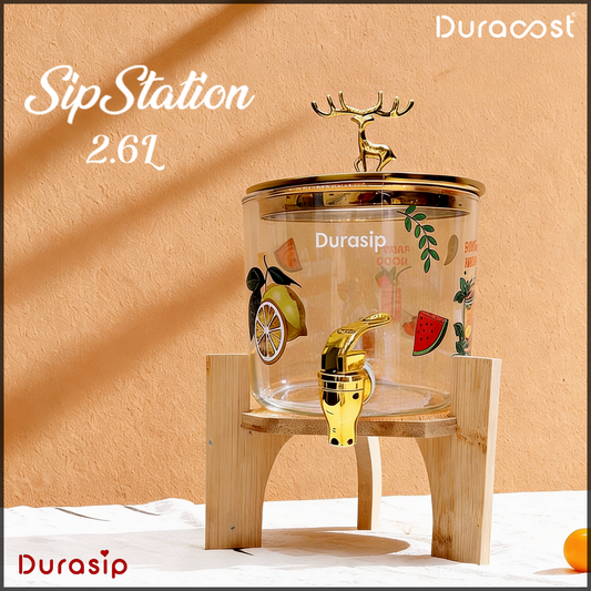 DuraSip™ SipStation 2.6L – Premium Amber Glass Drink Dispenser with Wooden Stand & Leakproof Tap | Ideal for Parties, Golgappa, Cocktails & Mocktails