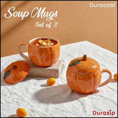 DuraSip™ Snug Mug Set | Ceramic Pumpkin Soup Mugs with Lids | Premium Serveware (Set of 2/4/6)
