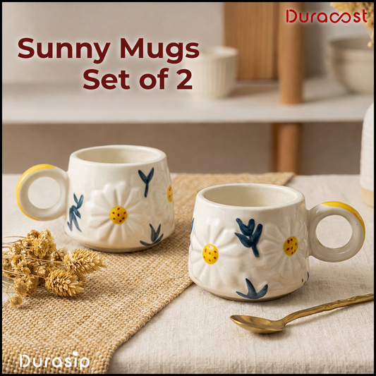 DuraSip™ Sunny Mugs – Premium Ceramic Coffee Mug Set of 2 | Floral Embossed Tea Cups