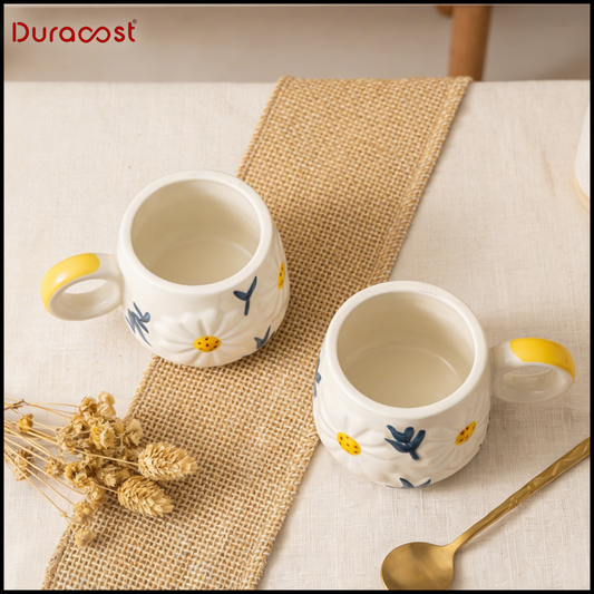DuraSip™ Sunny Mugs – Premium Ceramic Coffee Mug Set of 2 | Floral Embossed Tea Cups