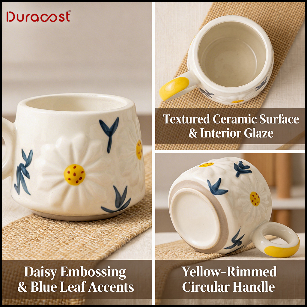 DuraSip™ Sunny Mugs – Premium Ceramic Coffee Mug Set of 2 | Floral Embossed Tea Cups